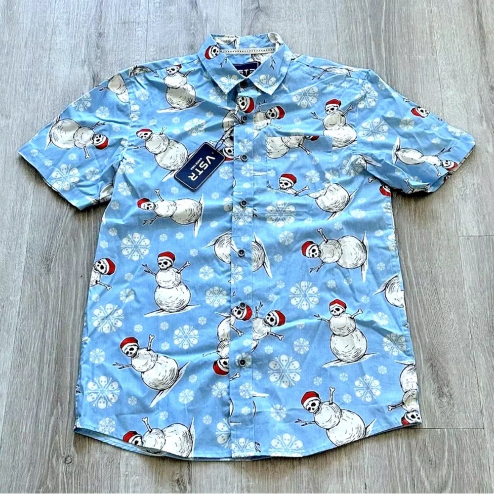 VSTR Men’s Small Blue Short Sleeve Skull Snowman Christmas Button Down Shirt
